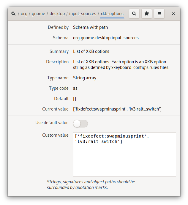 dconf-Editor zeigt den Pfad /org/gnome/desktop/input-sources/xkb-options